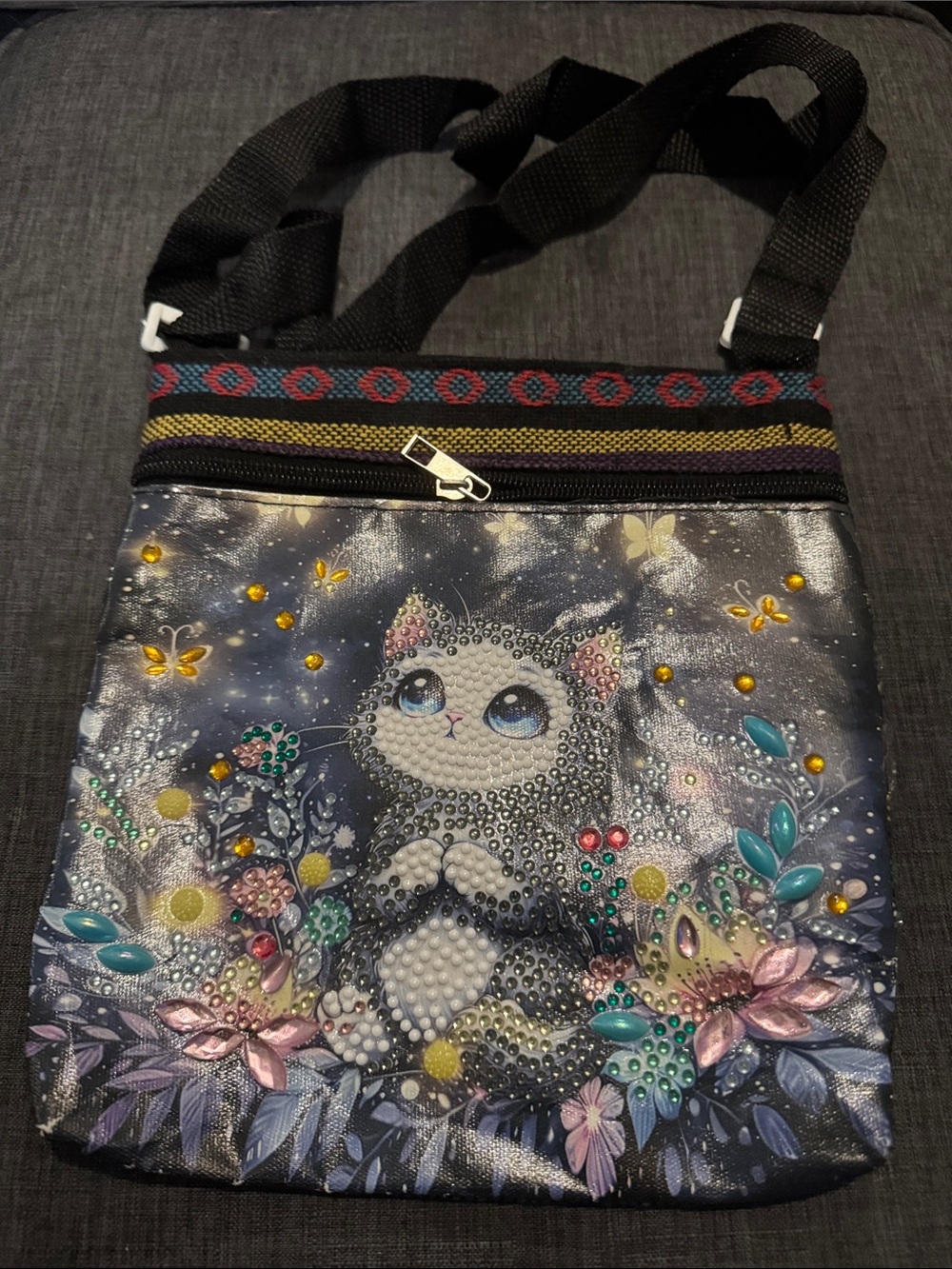Embellished Cat Crossbody Bag – Blue/Grey Sparkle